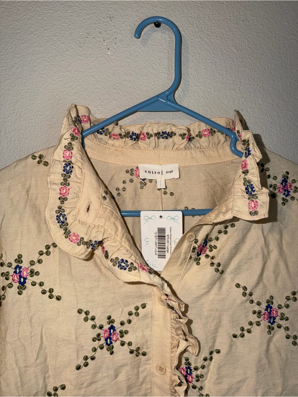 Women’s Entro Blouse Large Floral Embroidered Ruffle Top Boho Chic Southern New - Picture 5 of 7